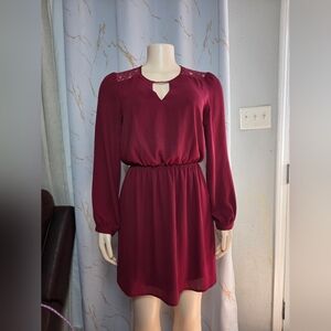 Express Wine Long-Sleeve Keyhole Lace Shoulder Dress